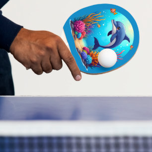 Whimsical Dolphin in Vibrant Coral Reef Ping Pong Paddle