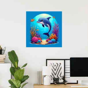 Whimsical Dolphin in Vibrant Coral Reef Poster