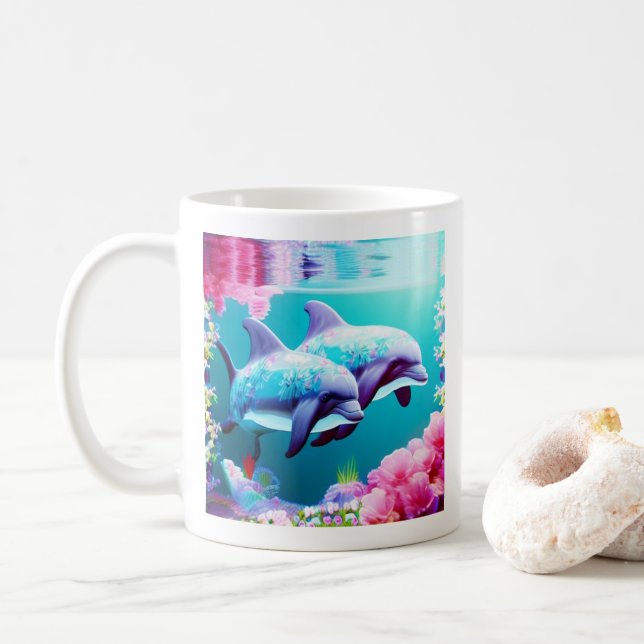Whimsical Dolphins and Floral Underwater       Coffee Mug (With Donut)