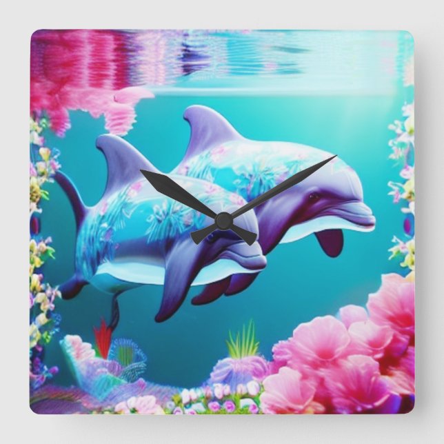 Whimsical Dolphins and Floral Underwater       Square Wall Clock (Front)