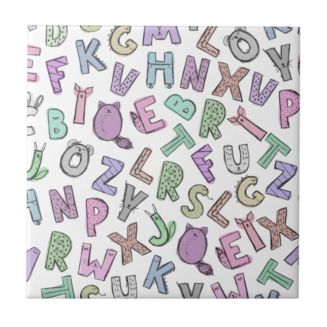 Whimsical doodle alphabet letters ceramic tile (Front)