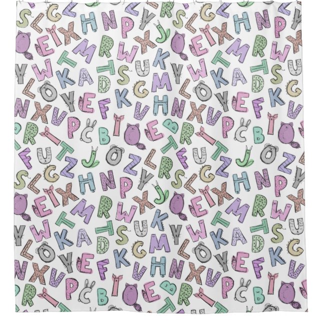 Whimsical doodle alphabet letters shower curtain (Front)