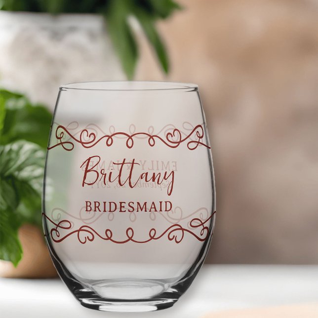 Whimsical Doodle Art Any Colour Wedding Stemless Wine Glass (Bridesmaid wine glass - customize to any color or for anyone in your wedding party)