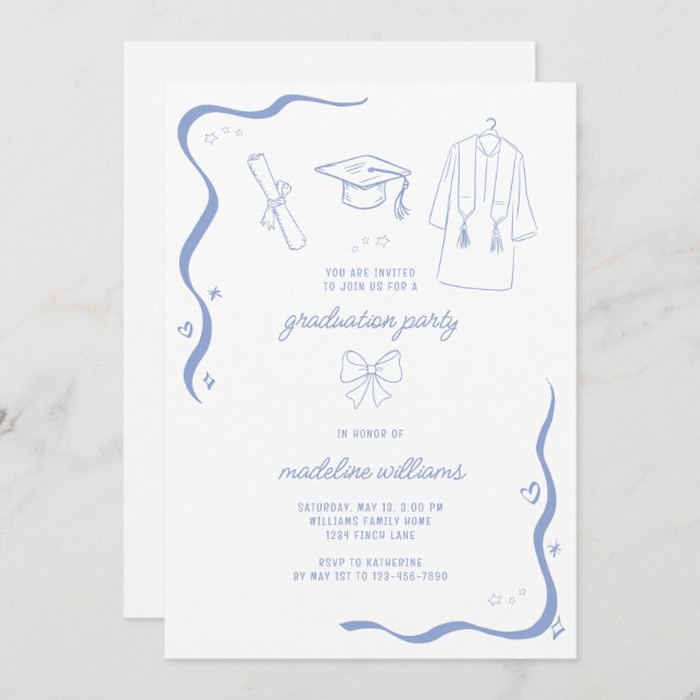 Whimsical Doodle Blue Graduation Party  Invitation (Front/Back)