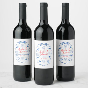 Whimsical Doodle blue Red Scribble wedding Wine Label