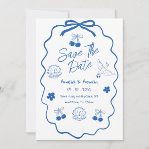 Whimsical Doodle blue Scribble save the date Invitation