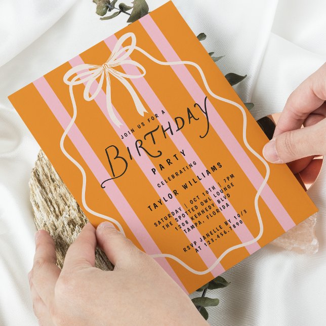 Whimsical Doodle Bow Stripes Simple Minimal Invitation (Available in both printed and instant download formats.)