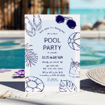 Whimsical Doodle Boy Pool Party Birthday Invitation<br><div class="desc">Unleash the spirit of summer fun with our whimsical doodle boy's pool party birthday invitation! Framed with navy blue doodle illustrations on a dusty blue background, this invitation captures the essence of sunshine and laughter. The modern birthday party template, adorned with flip flops, beach ball, sunglasses, tropical palm leaves, inflatables...</div>