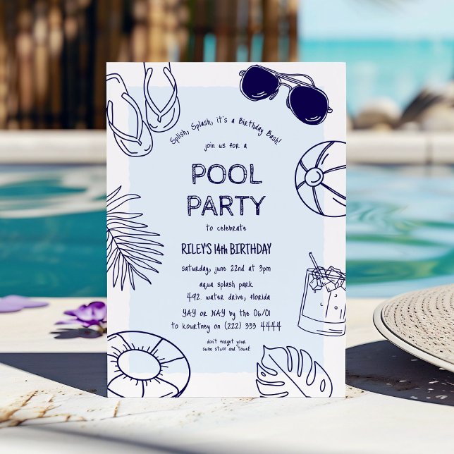 Whimsical Doodle Boy Pool Party Birthday Invitation (Creator Uploaded)