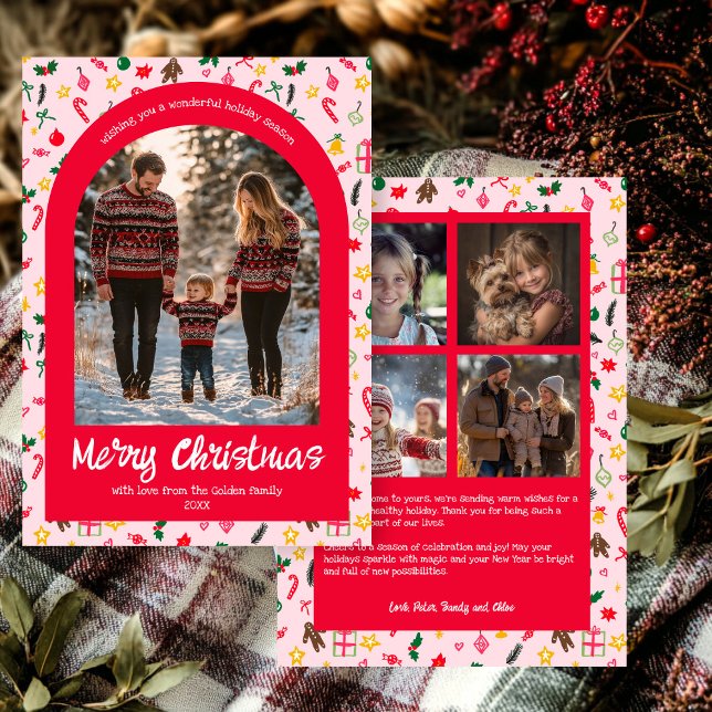 Whimsical Doodle Christmas Custom Arch 5 Photo  Holiday Card (Whimsical Doodle Christmas Custom Arch 5 Photo Holiday Pink Card
)