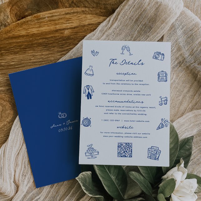 Whimsical Doodle French Blue Wedding Details Card (Creator Uploaded)