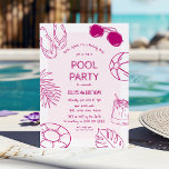 Whimsical Doodle Girl Pool Party Birthday Invitation<br><div class="desc">Unleash the spirit of summer fun with our whimsical doodle girl's pool party birthday invitation! Framed with dark pink doodle illustrations on a dusty pink background, this invitation captures the essence of sunshine and laughter. The modern birthday party template, adorned with flip flops, beach ball, sunglasses, tropical palm leaves, inflatables...</div>