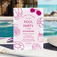 Whimsical Doodle Girl Pool Party Birthday