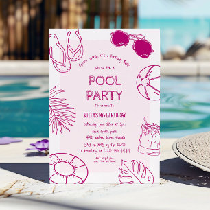 Whimsical Doodle Girl Pool Party Birthday Invitation