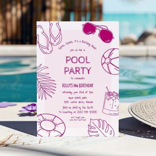 Whimsical Doodle Girl Pool Party Birthday Invitation (Creator Uploaded)