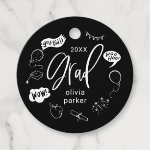 Whimsical Doodle Grad Party Black Favour Tags