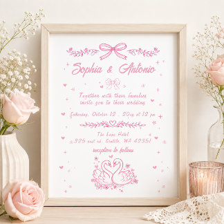 Whimsical Doodle Hand Drawn Pink Swans Wedding Invitation