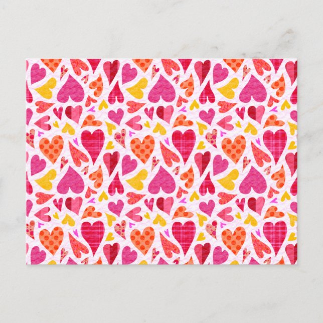 Whimsical Doodle Hearts with Patterns and Texture Postcard (Front)