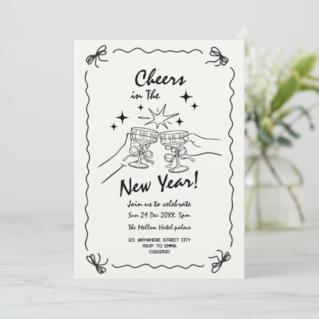 Whimsical doodle New year's party invitation (Standing Front)