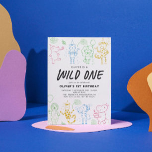 Whimsical Doodle Party Animals 1st Birthday Invitation