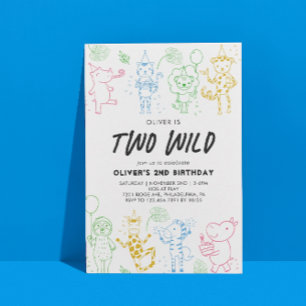 Whimsical Doodle Party Animals 2nd Birthday Invitation