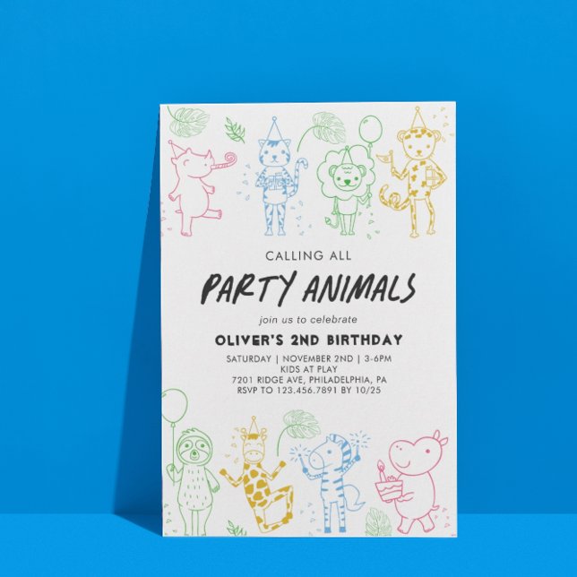 Whimsical Doodle Party Animals Any Year Birthday Invitation (Creator Uploaded)