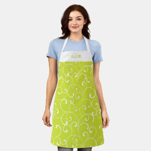 Whimsical Doodle Pattern on Lime Green with Name Apron