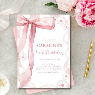Whimsical Doodle Pink Bow First Birthday  Invitation
