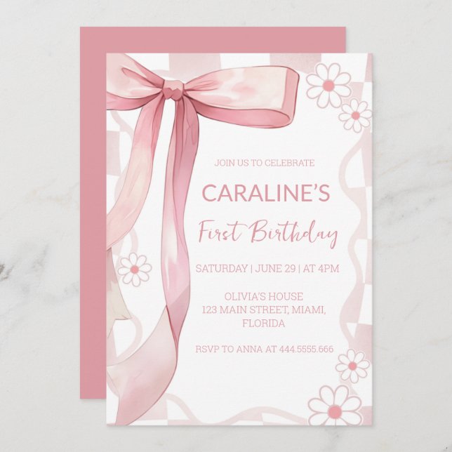 Whimsical Doodle Pink Bow First Birthday  Invitation (Front/Back)