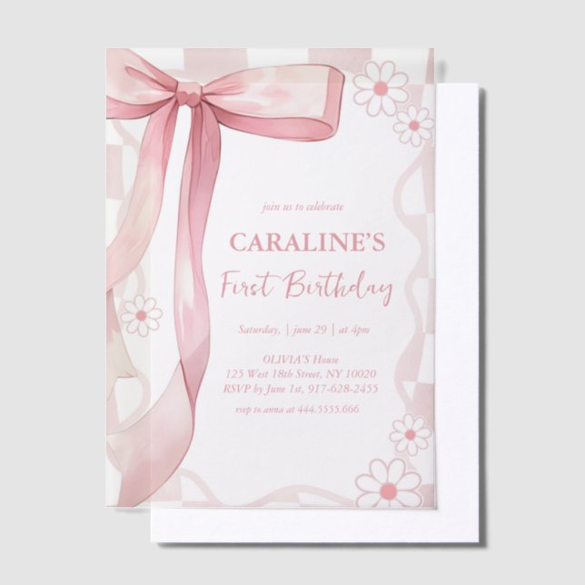Whimsical Doodle Pink Bow First Birthday  Vellum Invitations (Offset)