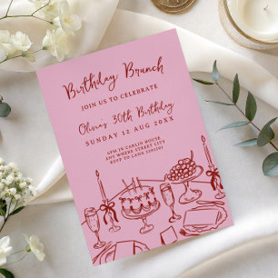 whimsical doodle pink brunch birthday invitation