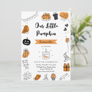Whimsical Doodle Pumpkin 1st Birthday Party Invitation