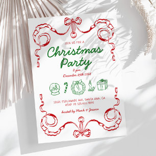 Whimsical Doodle Red and Green Christmas Party Invitation