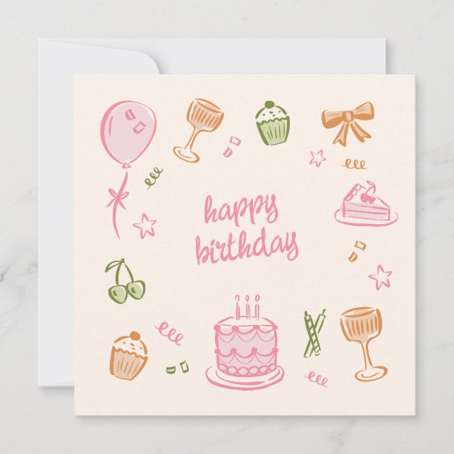 Whimsical Doodle Sketches Happy Birthday Card (Front)