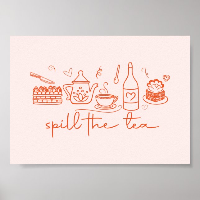 Whimsical Doodle Spill the Tea, Tea Party Kitchen Poster (Front)