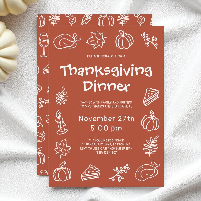 Whimsical Doodle Terracotta Thanksgiving Dinner Invitation (Whimsical Doodle Terracotta Thanksgiving Dinner Invitation)