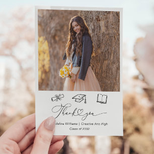 Whimsical Doodle Two Photo Graduation Thank You Card