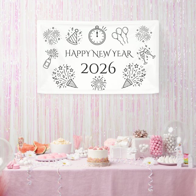 Whimsical Doodles Black Text Happy New Year 2026 Banner (Party)