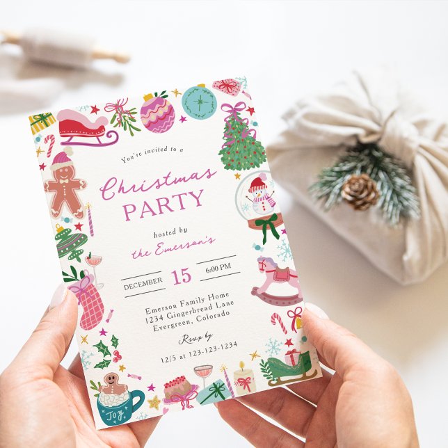Whimsical Doodles Christmas Party Invitation (Holiday Colorful Whimsical Doodles Christmas Party Invitation by Painted Paperie
)