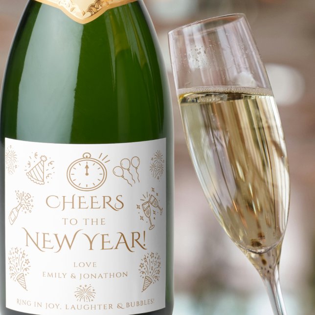 Whimsical Doodles Gold Cheers to New Year Party Sparkling Wine Label (Creator Uploaded)