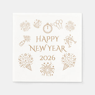 Whimsical Doodles Gold Happy New Year 2026 Napkin