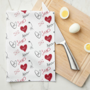 Whimsical Doodles Hand Drawn Valentines Day  Tea Towel