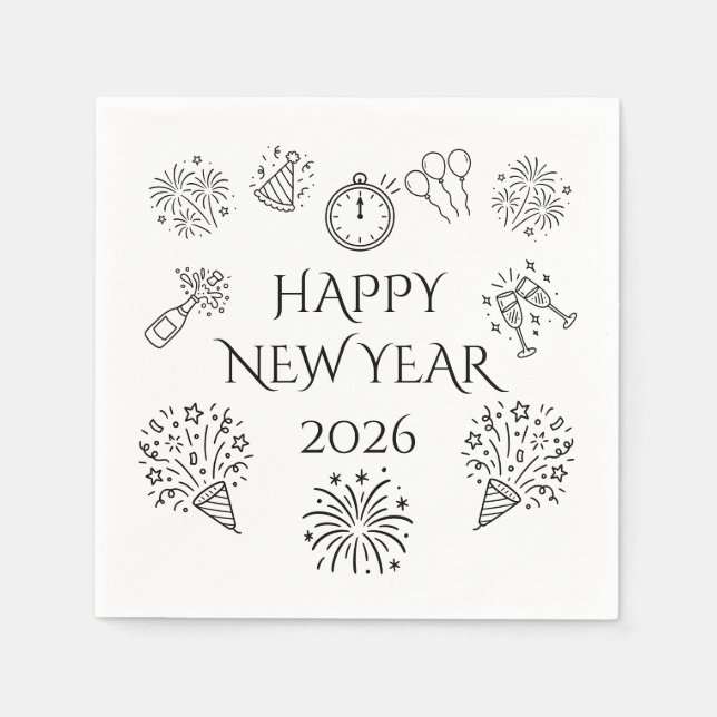 Whimsical Doodles Happy New Year 2026 Napkin (Front)