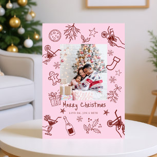 Whimsical Doodles Photo Red Pink Christmas Card