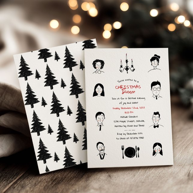 Whimsical Doodles Portraits Christmas Dinner Invitation (Creator Uploaded)