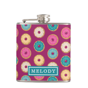 Whimsical Doughnut Pattern on Purple Hip Flask
