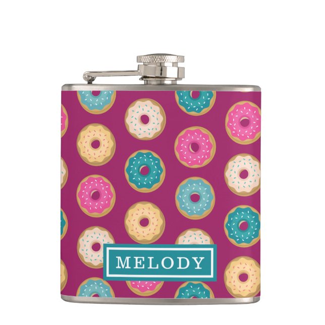 Whimsical Doughnut Pattern on Purple Hip Flask (Front)