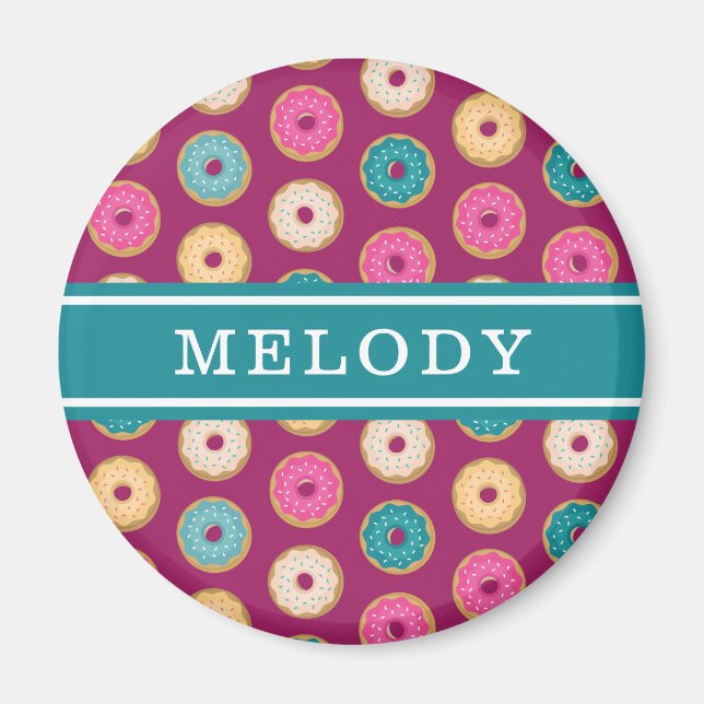 Whimsical Doughnut Pattern on Purple Magnet (Front)