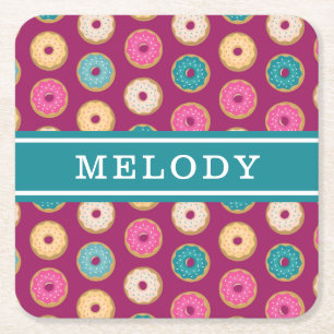 Whimsical Doughnut Pattern on Purple Square Paper Coaster