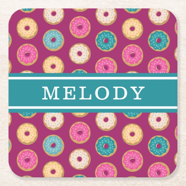 Whimsical Doughnut Pattern on Purple Square Paper Coaster (Front)